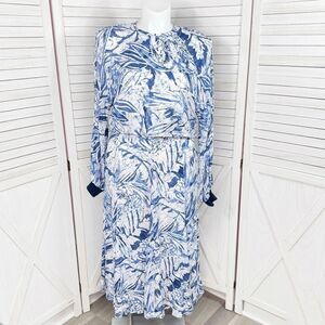 Palm Leaf Print Long Sleeve Blouson Maxi Dress Blue White 12